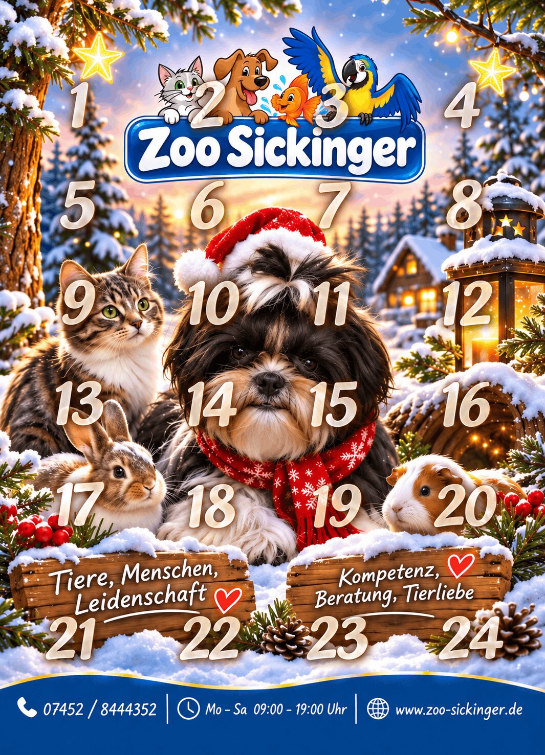 Adventskalender 2026 von Zoo Sickinger: 24 Türchen mit Hund, Katze, Kaninchen, Meerschweinchen und Papagei in einer Winterlandschaft